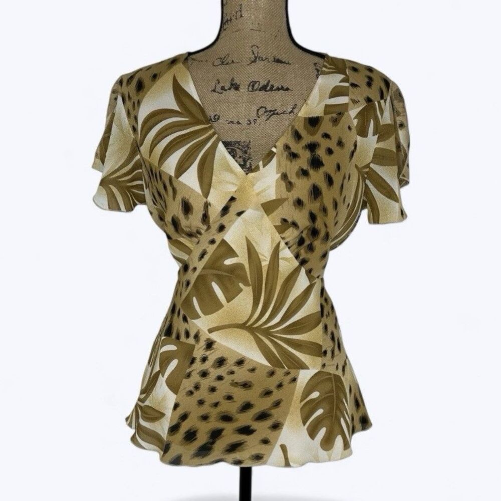 Jennifer Lloyd Babydoll Top Sz M Tropical Leopard Tie Back Y2K Resort Vacation